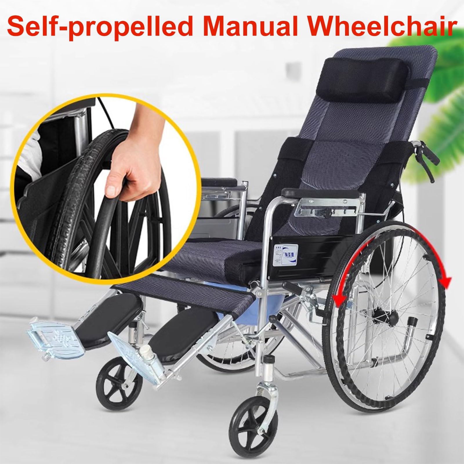 Silla De Ruedas Plegable Para Adultos, Autopropulsada, Con Respaldo Alto, Totalmente Reclinable, Con Protectores De Piernas Y Reposapiés Ajustables, Ligera Y Todoterreno Con Brazos Desmontables