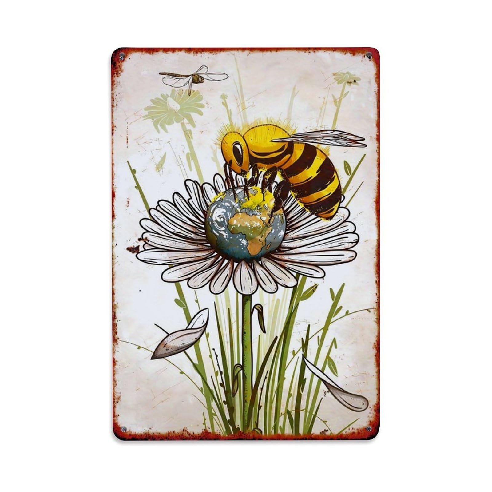 Jdfenggu Vintage Bee On Flower Globe Art Retro Metal Tin Sign, Metal Poster For Bar, Home, Man Cave, Kitchen, Laundry Room Art Decor 8X12 Inch