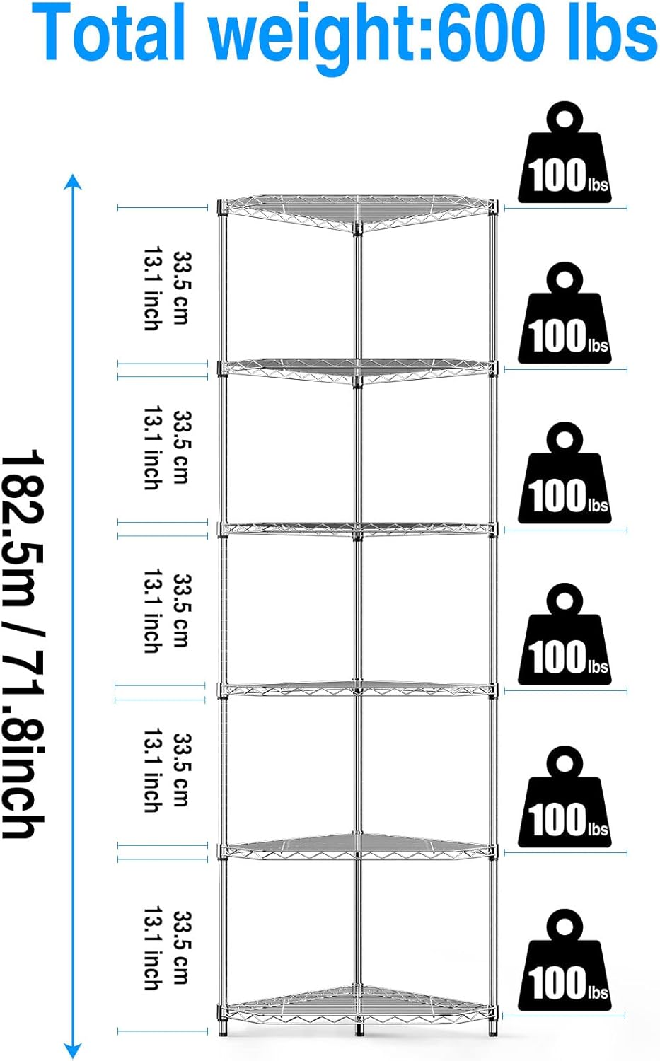 6-Tier NSF Metal Corner Shelf Wire Shelving Unit - 600lbs Capacity, Adjustable, with leveling feet & Shelf Liners - Ideal for Garage, Kitchen - 20" L x 20" D x 72" H - Pentagonal-Shape - Chrome