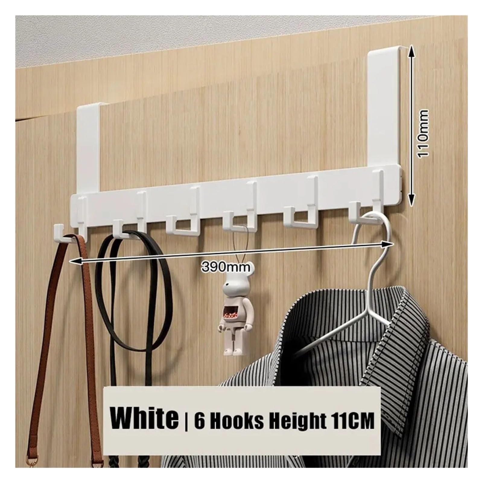 Gancho en la puerta gancho de almacenamiento sobre la puerta, 6 ganchos, perchas, abrigo, sombrero, toallero, estante organizador para el hogar, baño, cocina, soporte para accesorios (blanco-11