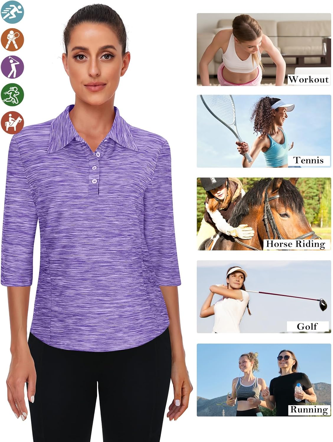 Zamowoty Women's 3/4 Sleeve Golf Tennis Polo Shirts 4-Button Dry Fit Workout Tops Athletic Shirt UPF50+