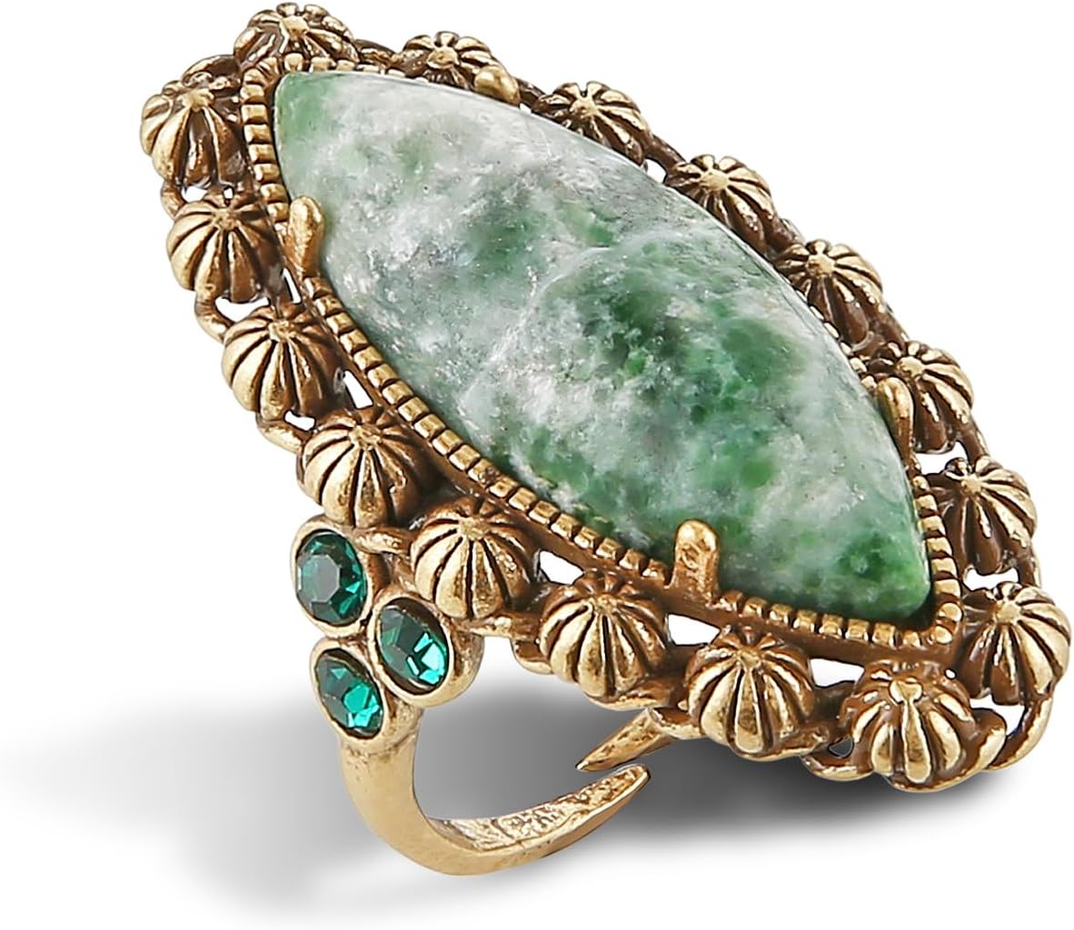HZMAN Natural Turquoise Open Ring, Vintage Palace Style Adjustable Antique Brass Chunky Statement Ring, Handmade Jewelry for Women