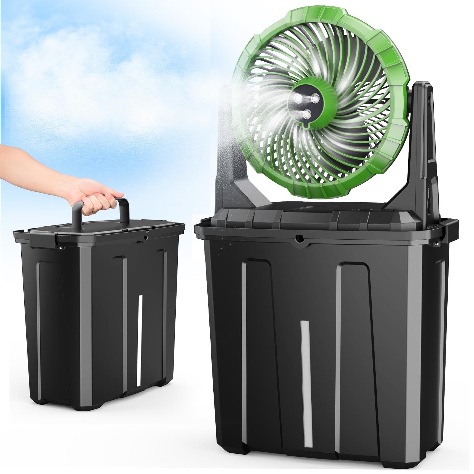 Ausic Portable Misting Fan - 9L Bucket, 10-inch Outdoor Fans for Patios/Camping, 20000mAh USB Rechargeable Battery Powered Floor Cooling Fan with 9L Water Tank, 3 Strong Winds, 3 Spray Mister