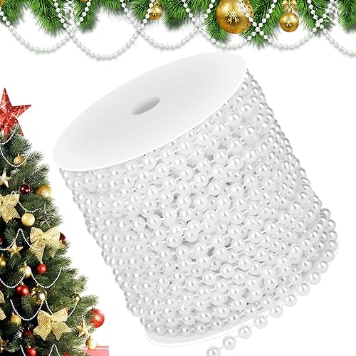 PAXCOO Guirnalda de perlas blancas, hebras de perlas para decoración de árbol de Navidad, suministros de fiesta de boda