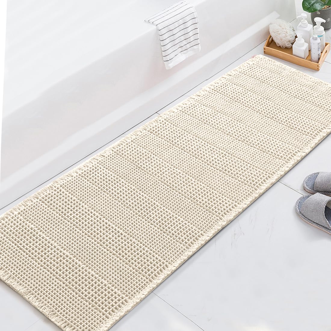H.VERSAILTEX Upgraded Waffle Runner Rug Super Absorbent Bathroom Mats Non Slip Bath Rugs for Bathroom Floor Machine Washable Dry Fast Bathroom Rugs for Beside Tub, 24" x 72", Ivory