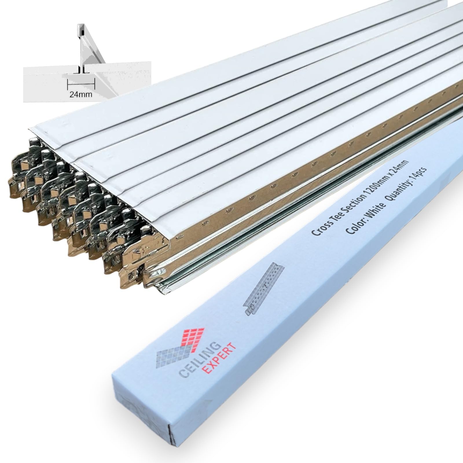 Suspended Ceiling Grid Component, White Cross Tee Section 1200mm x 24mm T24 T1200 Pack of 14Pcs
