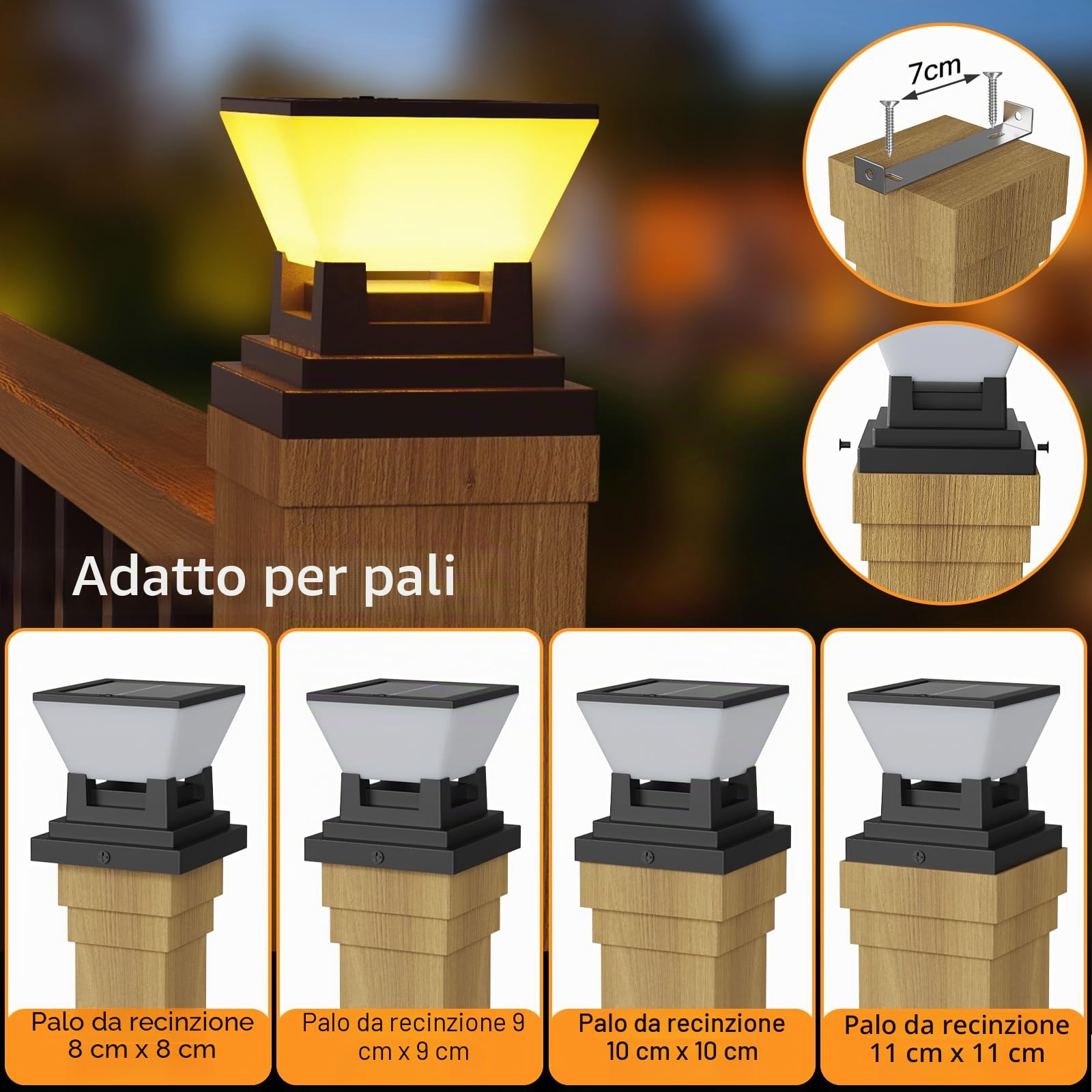 ACMHNC 2 Pezzi Lampioni Solari da Giardino, IP65 Per Pali 7-10 cm | Luci Solari er Pali, 3 Colori, Batteria 1500 mAh, Per Recinzione In Legno, Patio