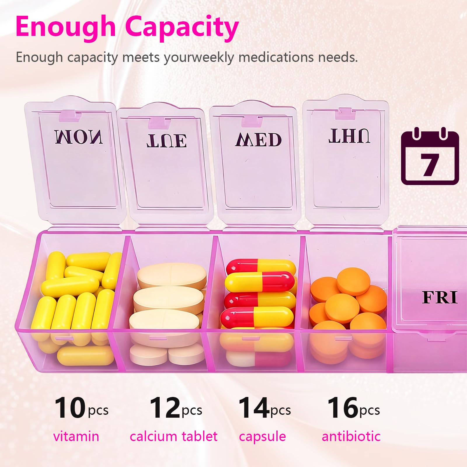 Lot de 2 piluliers de 7 jours, une fois par jour, pilulier hebdomadaire pour médicaments, suppléments, vitamines, huile de foie de morue (rose bleu)