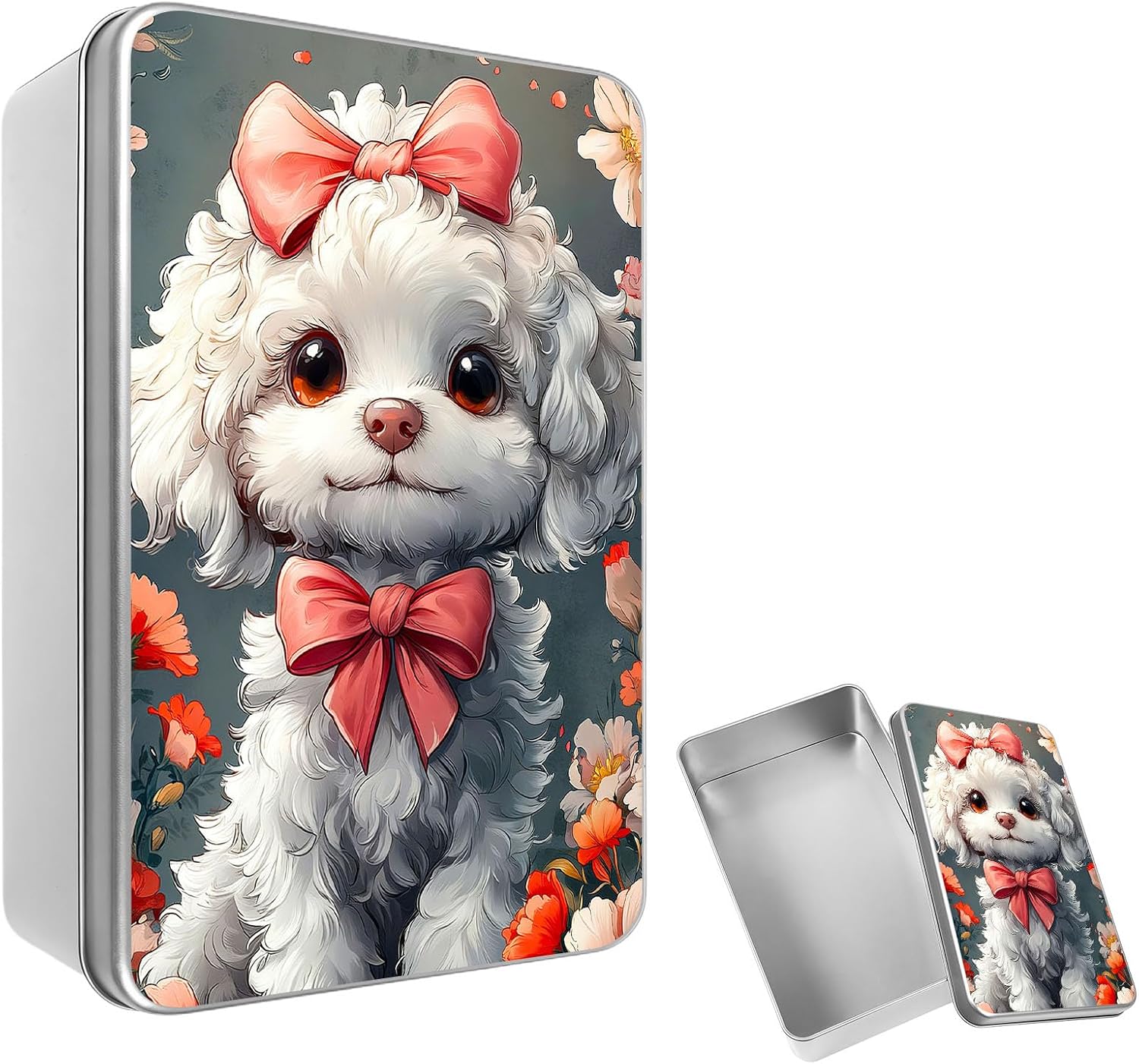 Large Metal Tin Box with Lid, 4.92×3.54×1.57 Inch Mini Storage Containers for Crafts, Jewelry, Office, Home Organization & Large Items, Poodle with Pink Bows