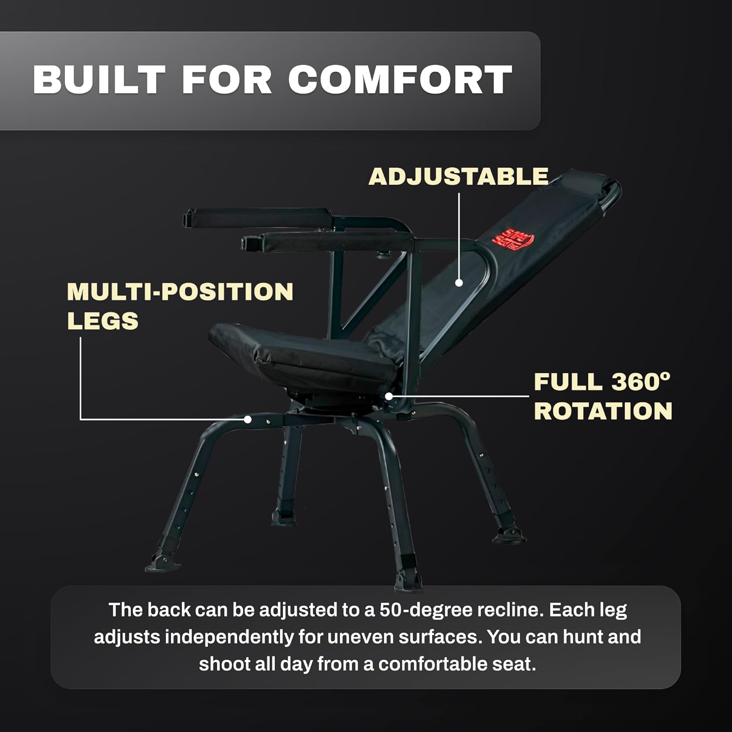 BenchMaster Sniper Seat Shooting Chair with Shooting Rest, 360 Degree Rotation, Adjustable Recline, Removable Arms, Adjustable Legs, Foldable for Carrying