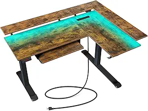 Rolanstar L Shaped Standing Desk with Keyboard Tray, Height Adjustable Corner Desk with LED Light & Power Outlet, Electric Sit Stand Computer Desk with Monitor Stand, Rustic Brown