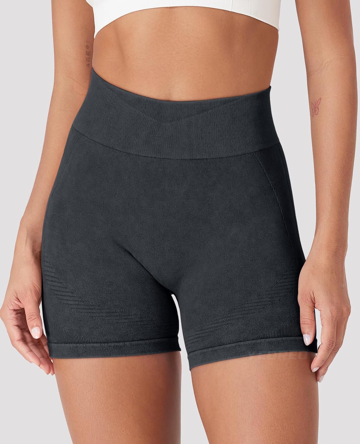 YEOREO Women Workout Biker Shorts Impact 4.5" Faux Denim No Front Seam Mid Waist Hidden Scrunch Lifting Yoga Gym Shorts - Image 2