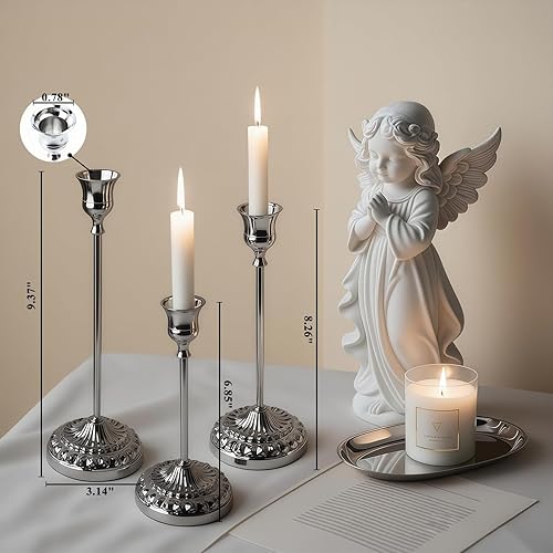 Miniatura 5 de BEAHOT - Portavelas plateados, juego de 3 con apagador a juego – Elegantes y duraderos candelabros antideslizantes para decoraciones de Navidad