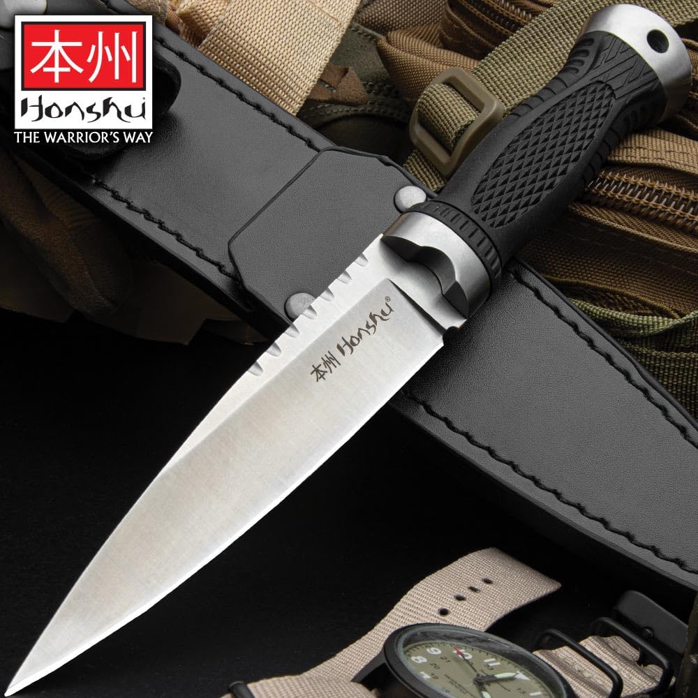 Honshu Sgian Dubh Knife | 5 3/8" 7Cr13 Stainless Steel Blade | TPR Rubber Grooved Handle | Stainless Steel Handguard and Pommel | Leather Sheath with Boot Clip | 9 5/8" Overall