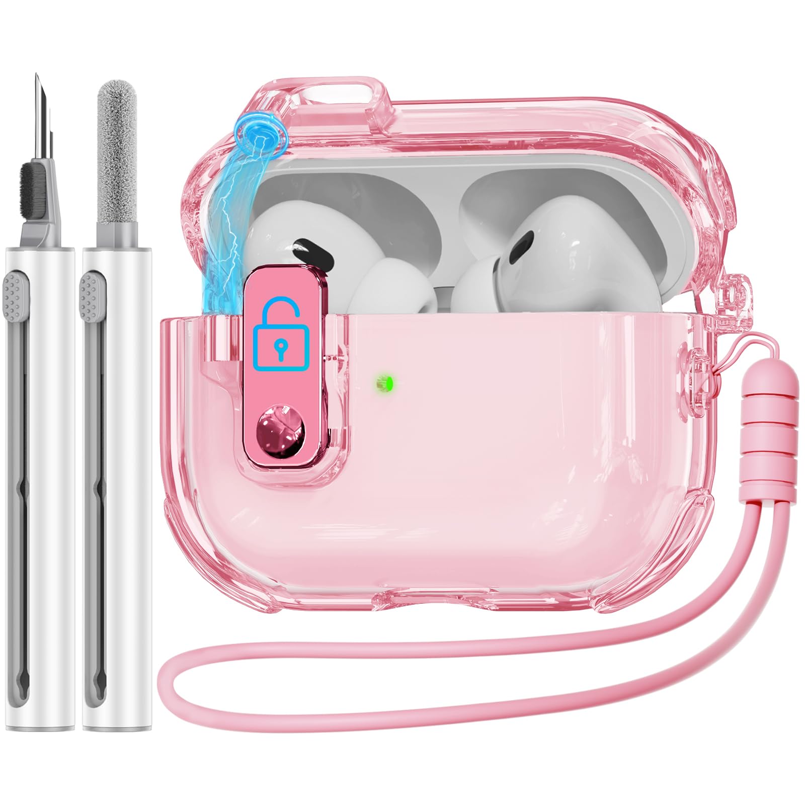 Compatible with AirPods Pro 2nd/1st Generation Case Cover with Cleaner kit,Soft TPU Clear Case with Safety Lock,Auto Pop-Up Lid Design for iPod Pro Charging Case(USB-C) (2023/2022/2019)-Pink