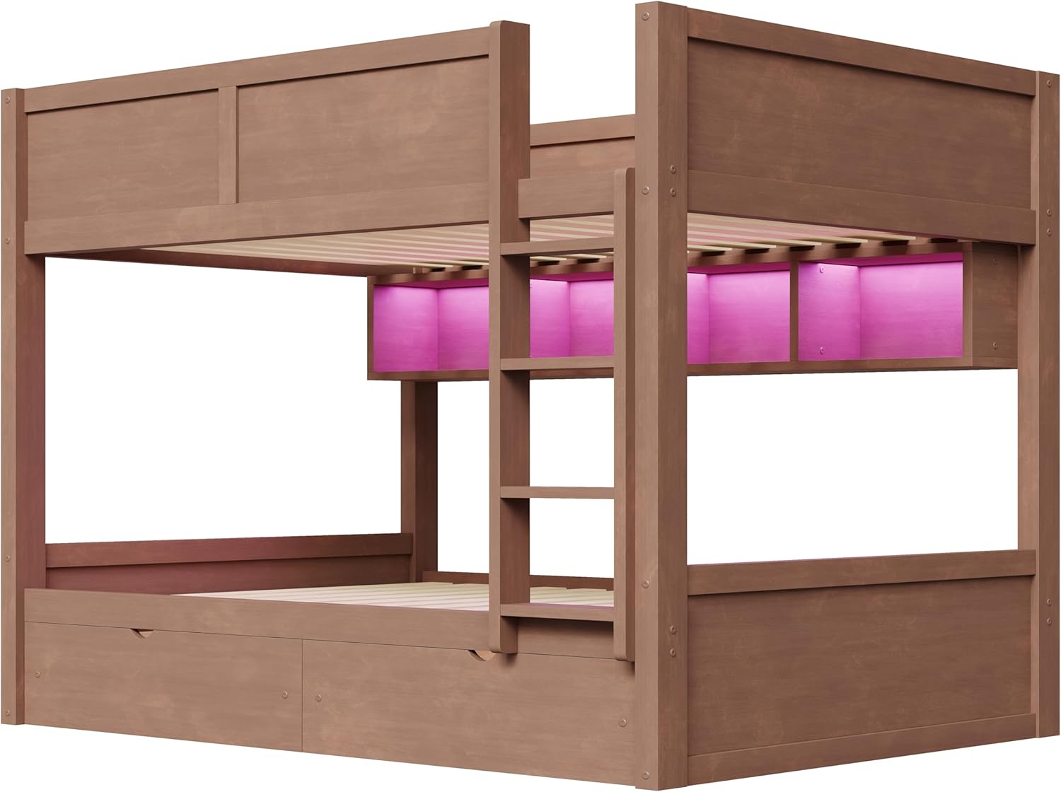Full XL Over Full XL Bunk Bed with Drawers, Wood Bunk Bed with Storage Cabinets and LED Lights for Kids Teens, Wooden Bunk Beds for Adult, No Box Spring Needed, Brown