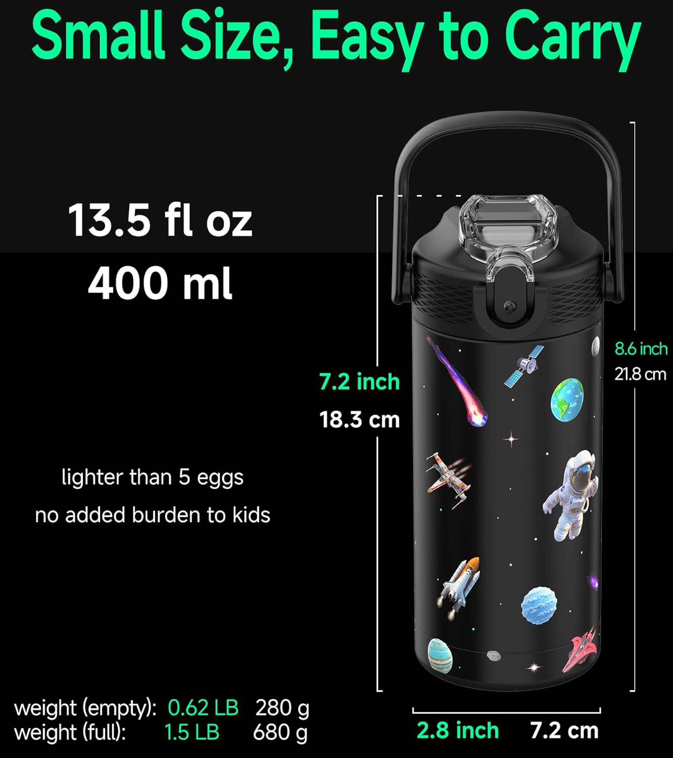 14oz/400ml Insulated Kids Water Bottle, Odor-Free Surgical Grade Liner, Dishwasher-Safe, Name Spot, Soft Sipper, Gift for Astrophile (Black Space) - Image 6