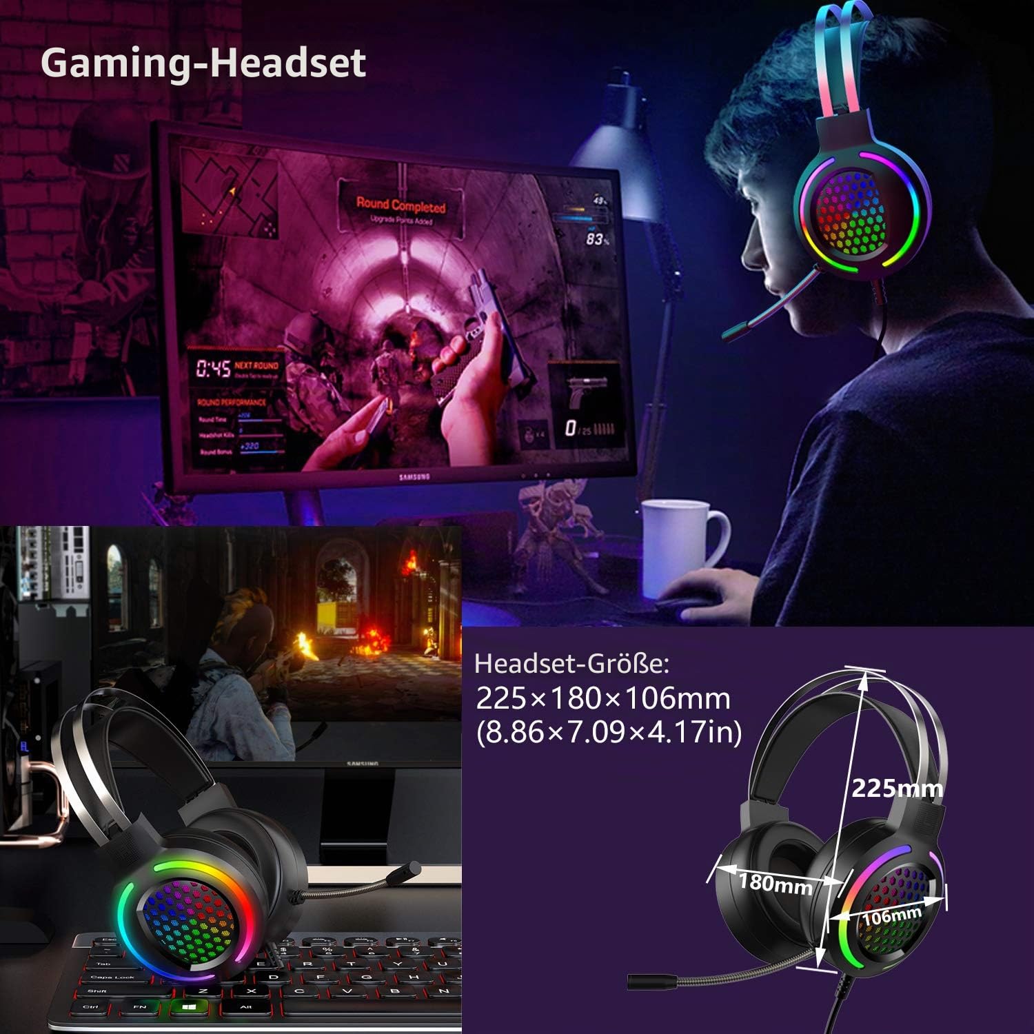 Gaming Tastatur Headset & Maus Set, 104 Tasten Rainbow Backlit UK Layout Tastatur 2400DPI Maus 7.1 Surround Sound RGB Leichte Waben Headset Mauspad Kombination für PS4 XBox(Need Adapter) Schwarz