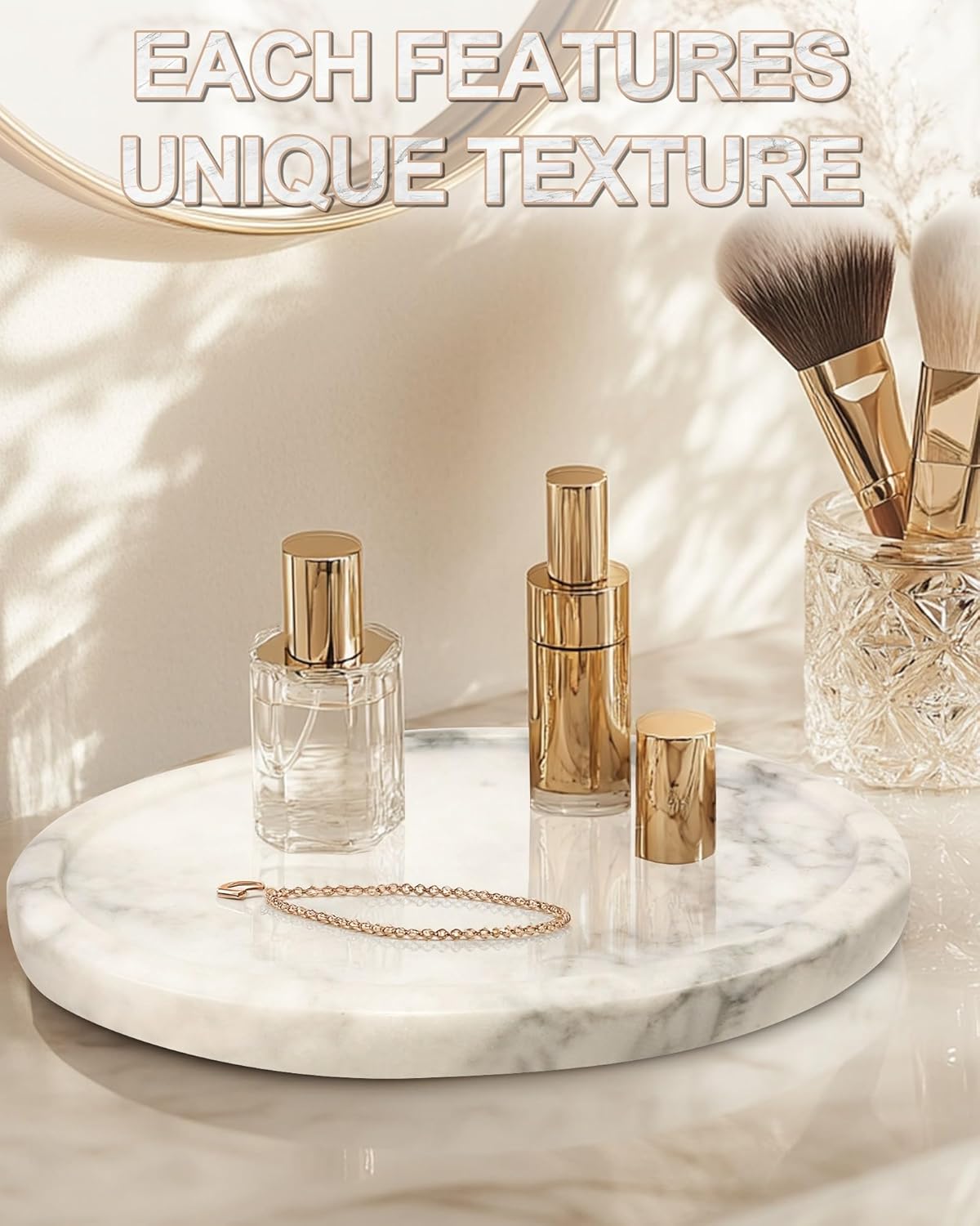 Bathroom Vanity Tray, Marble Round Perfume Tray, countertop Organizer for Kitchen Bedroom, Coffee Table Decor, White(White, 7.9")