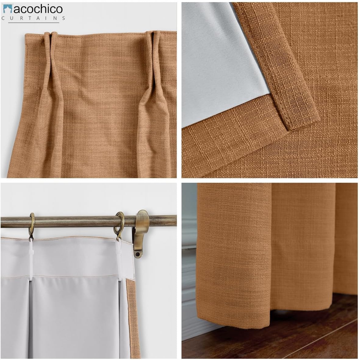 Macochico 52 W x 96 L Blackout Faux Linen Curtains Blackout Room Drapery Panel with Pinch Pleated for Bedroom Classrooms Sliding Glass Door,Orange Copper (1 Panel)