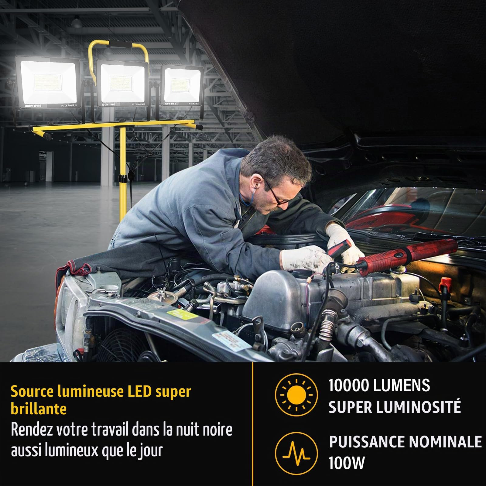 Willpower Projecteur Chantier LED sur Pied 300W Spot LED Extérieur Filaire | Lumiere de Chantier 20000LM, 6000K Blanc, Etanche IP66, Portable Lampe de Travail Pour Garage Atelier Construction