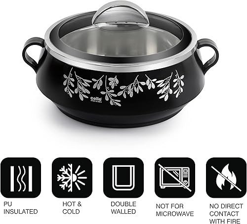 Miniatura 3 de Cello Cazuela de purpurina con acero interior  Juego de cazuela de acero inoxidable aislado para comida chapati curry roti, juego de 3, negro