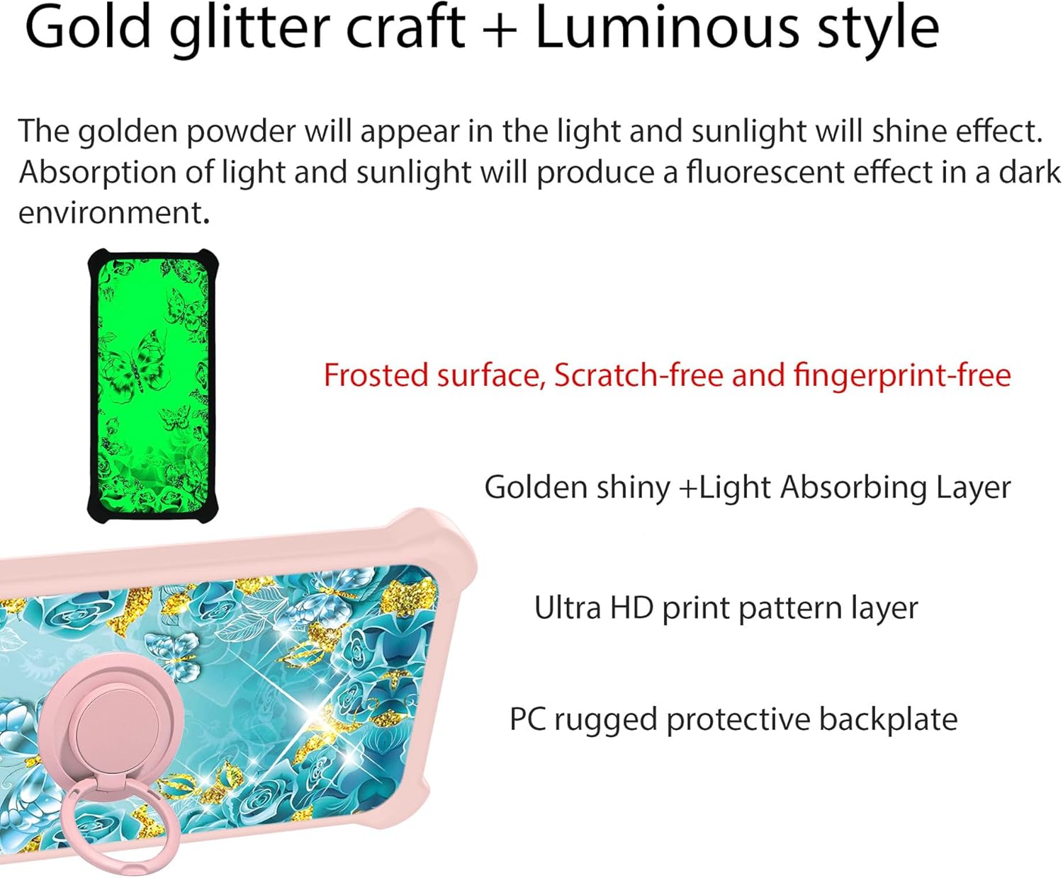 Image illustrating the multi-layered construction of the phone case, including gold glitter craft, luminous style, frosted surface, golden shiny + light absorbing layer, Ultra HD print pattern layer, and PC rugged protective backplate.