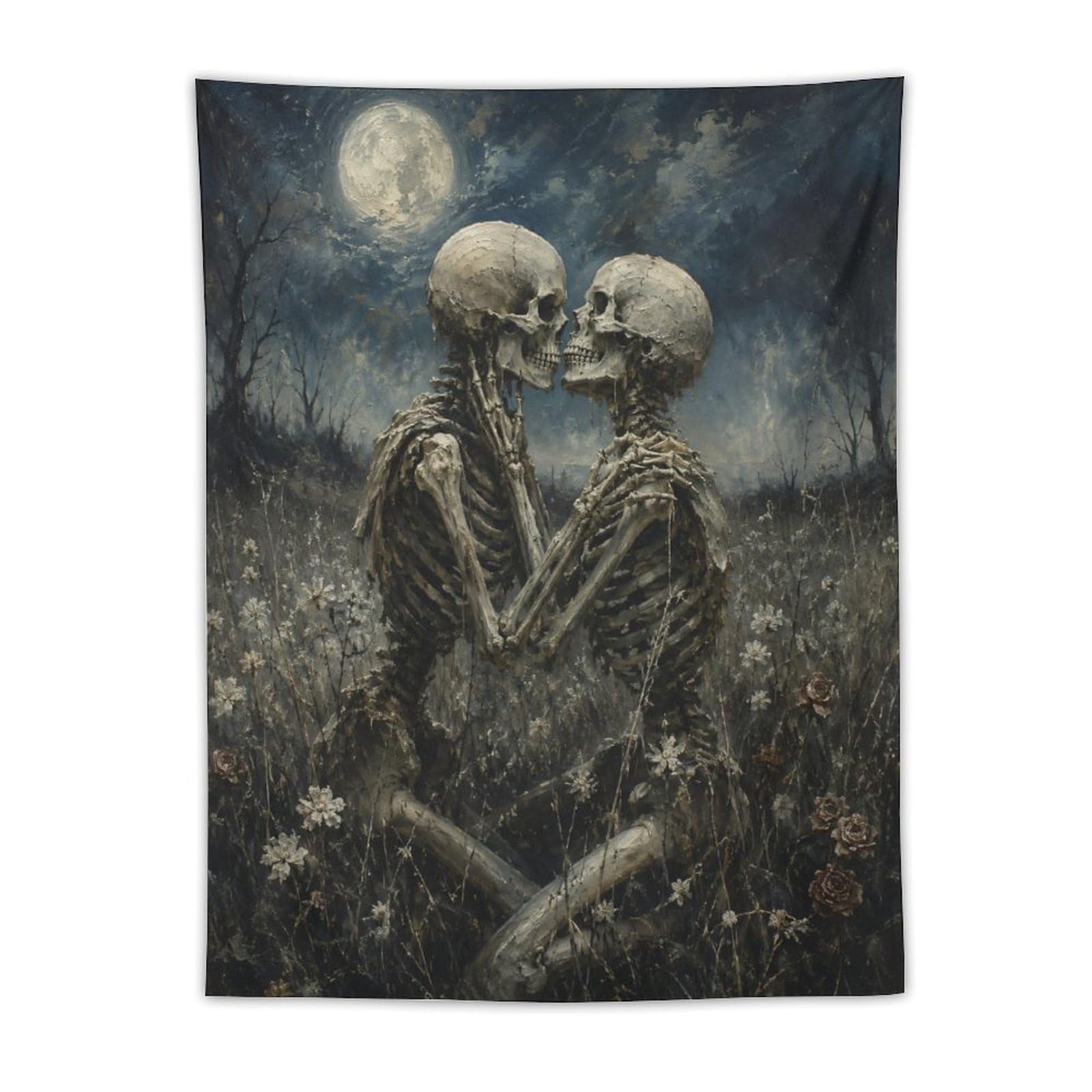 W7C8U2X3 Skeleton Couple Moonlit Field Wall Tapestry, Memento Mori