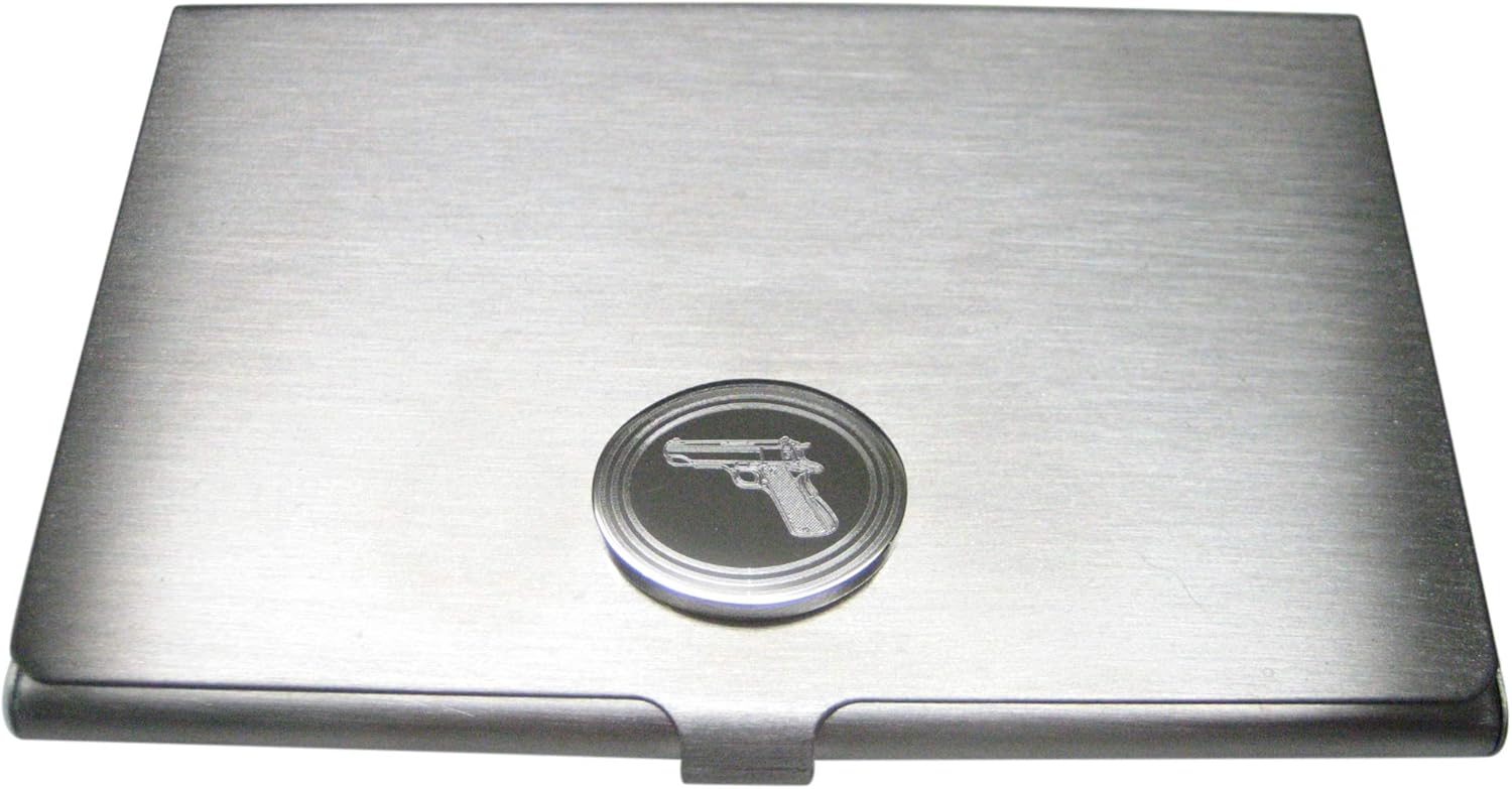 Kiola Designs Silver Toned Etched Oval Modern Handgun Business Card Holder