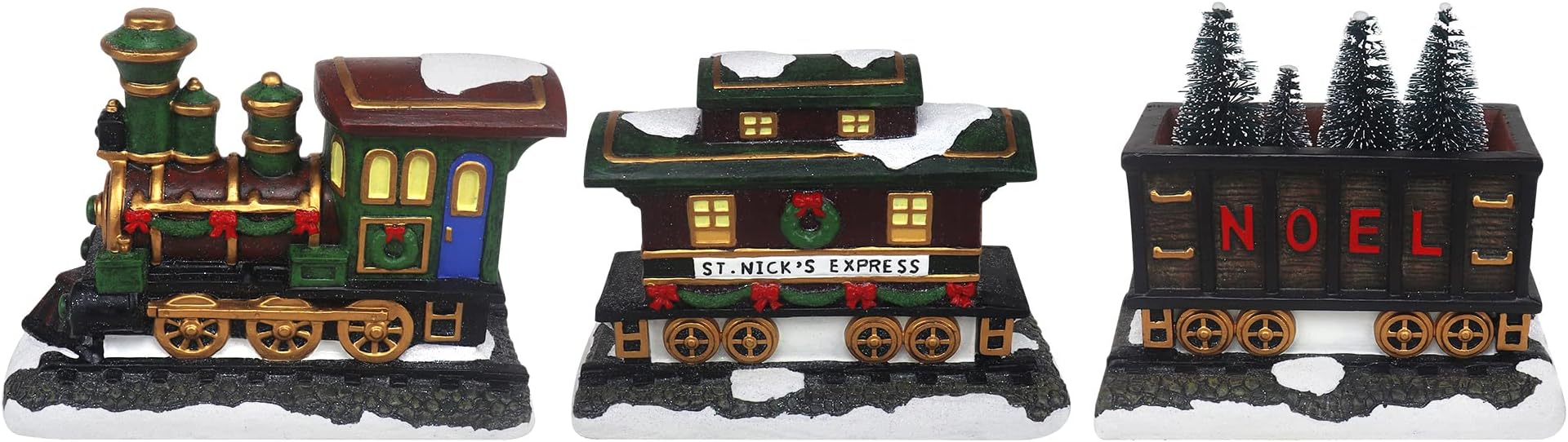 Christmas Village Tabletop Train Set - Winter Snow Village - Perfect Addition to Your Christmas Indoor Home Decorations - Great Centerpiece for Your Collection - 100% Made of Resin (Set of 3)