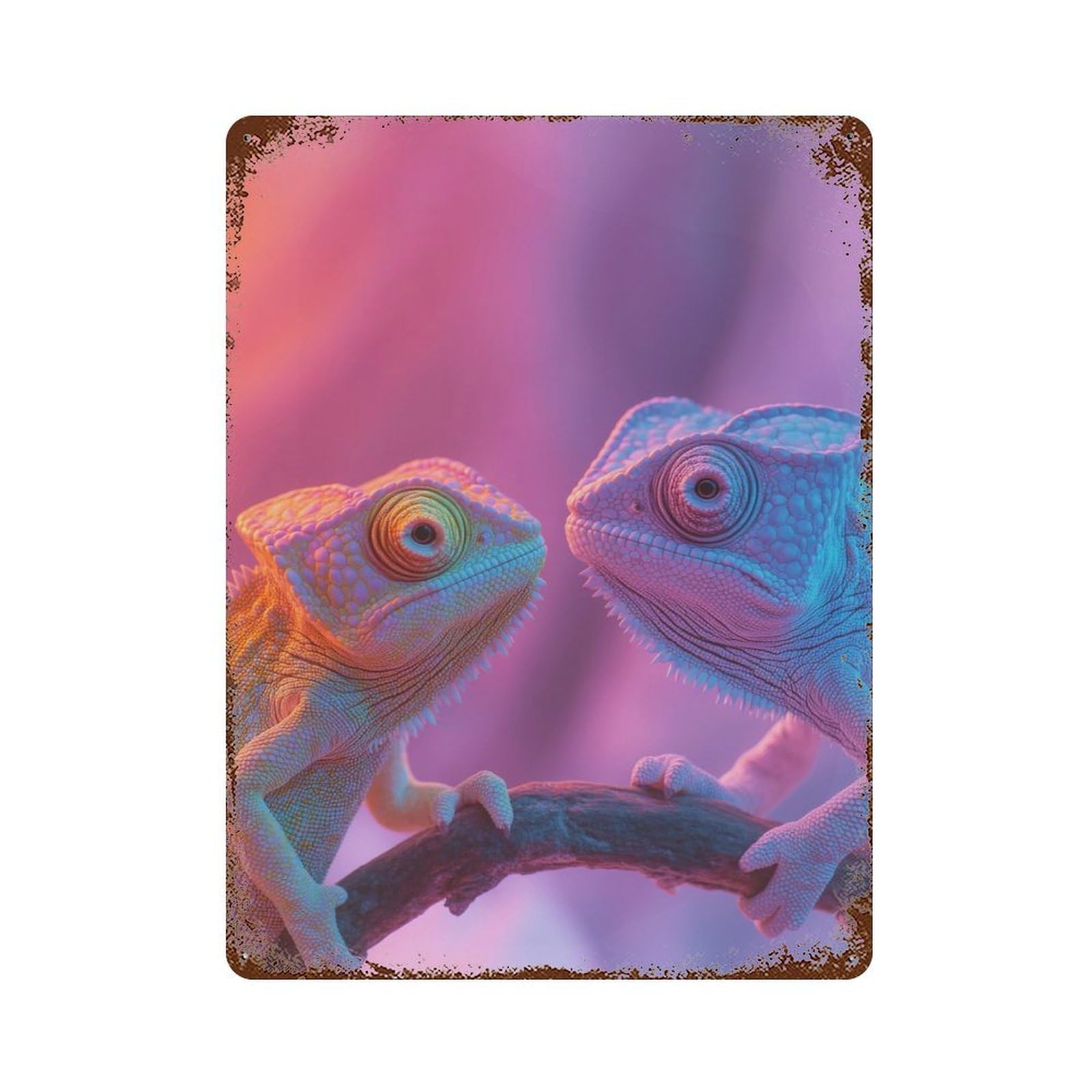 Vintage Metal Tin Sign Two Chameleons on Branch 15.7"x11.8", Industrial Home Decor for Farmhouse, Kitchen And Entryway Decor