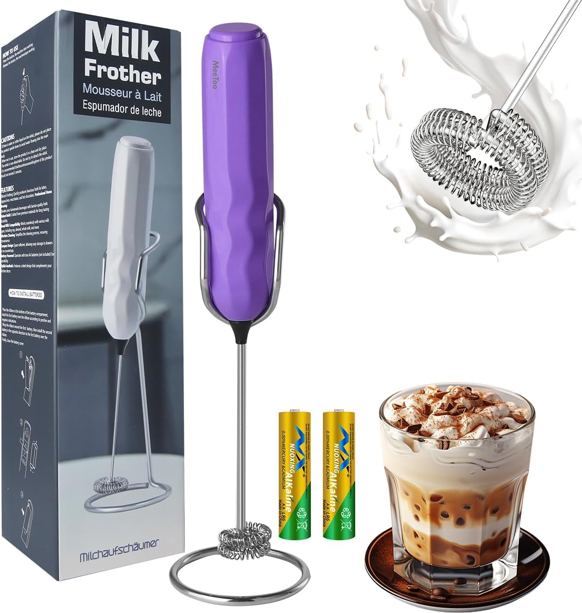 MeeToo Ultra Fast Handheld Milk Frother Double Stainless Steel Whisk with Stand 2 Batteries for Matcha Coffee Bar Accessories Kitchen Gadgets Gift(Purple)
