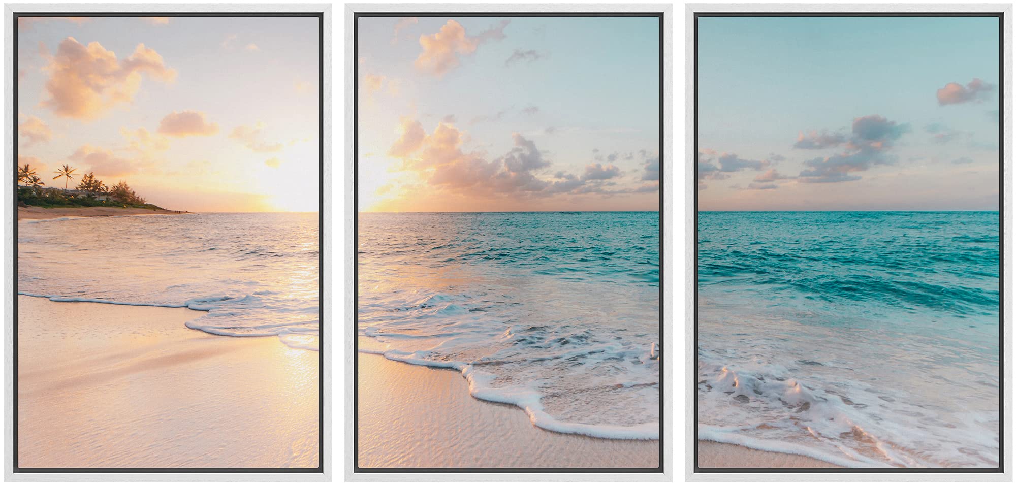 IDEA4WALL Framed Wall Art Print Set Sunset Horizon on Beach Shore Nature Ocean Photography Realism Nautical Scenic Colorful Multicolor Ultra for Living Room, Bedroom, Office - 24"x36"x3 White