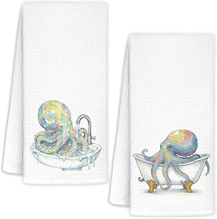 Funny Octopus Coastal Ocean Bathroom Hand Towels Set of 2, Octopus Gifts, Kids Bathroom Decor, Coastal Nautical Beach Hand Towels for Bath Room Washroom Toilet, 16x24 Inch