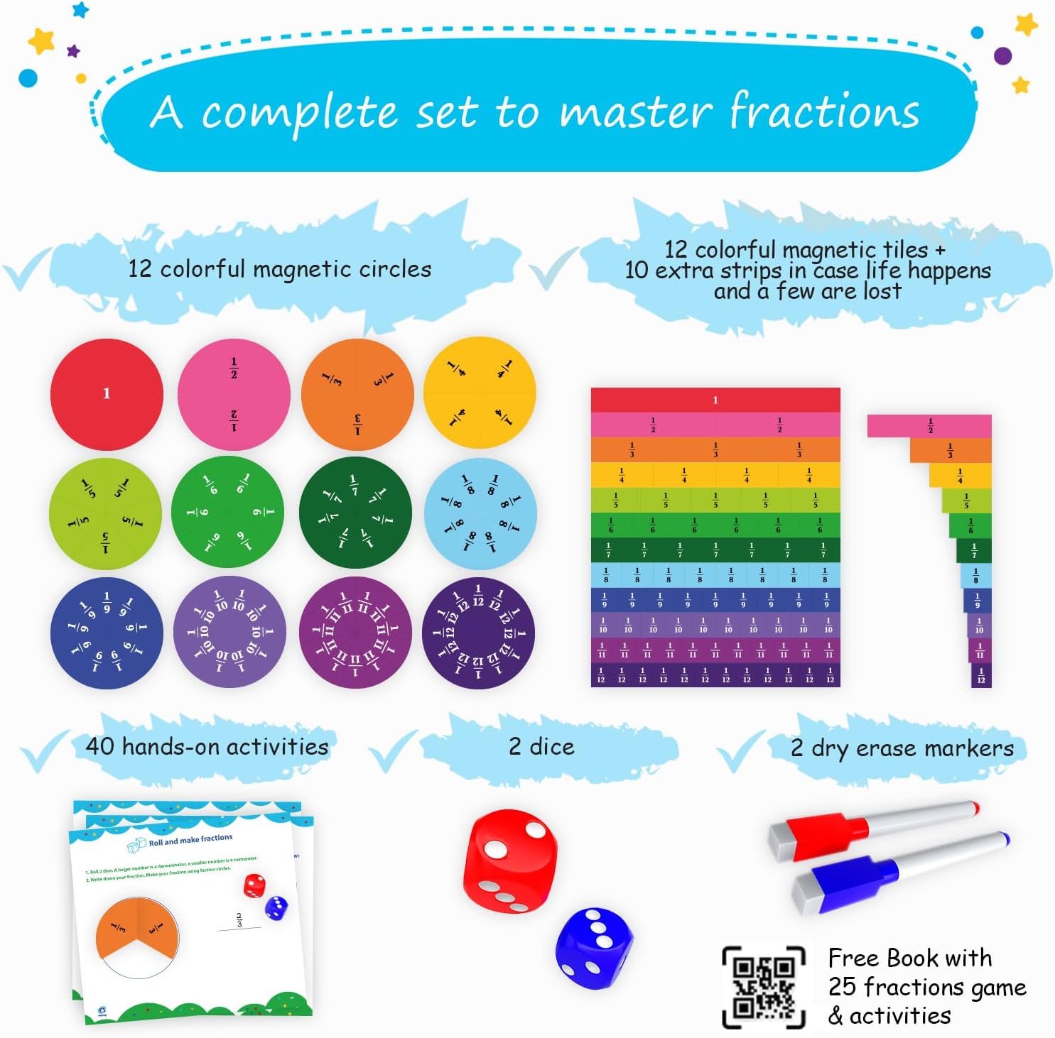 Simply magic 166 PCS Magnetic Fractions Activities Class Set – Fraction Strips, Tiles, Circles & Bars, Magnetic Math Manipulatives for Kids, Perfect Classroom Learning Tools, Homeschool Supplies
