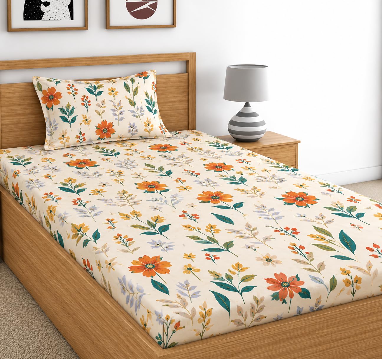 DECORUM Glace Cotton Single Bedsheet with 1 Pillow Cover | Soft, Durable, Lightweight & Skin-Friendly Fabric| Suitable for Single/Diwan Bed Size