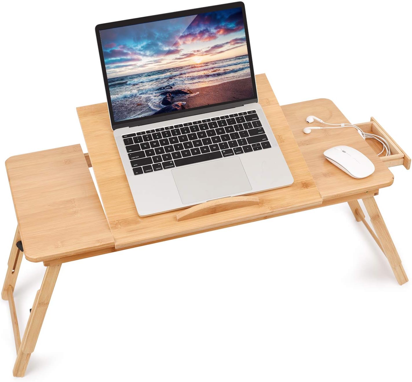 Laptop Desk for Bed, Large Right-Left Handed Adjustable Bamboo Serving Bed Tray Breakfast Table Tilting Top with Drawer