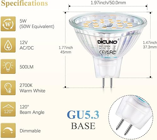 Miniatura 10 de DiCUNO Bombillas LED MR16 regulables, luz blanca diurna, 6000 K, 50 W, equivalente a halógeno, 12 V CACC, bombilla base de 5 W GU5.3 bi-pines,