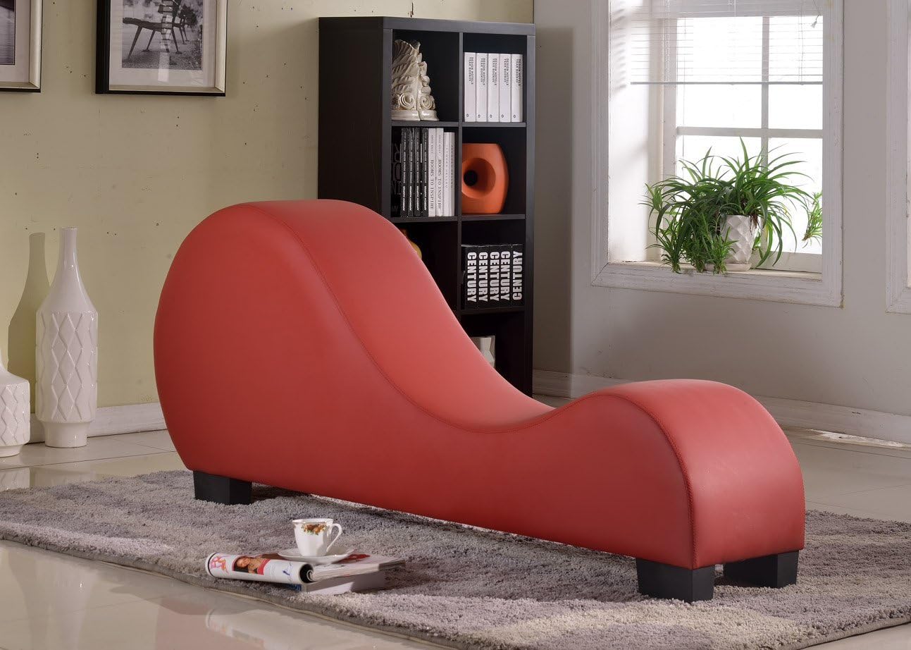 Yoga Chaise Lounge Collection for Stretching & Relaxation Modern Faux Leather Curved Sofa, Living Room Bedroom Accent Piece, Regular, Deep Scarlet Red