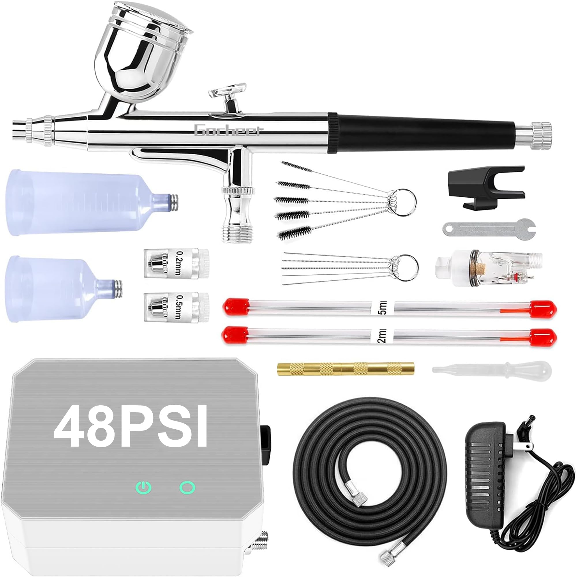 Gocheer Airbrush Kit with Air Compressor, 40 48 PSI High Pressure Air Brush Non-Clogging with 0.2/0.3/0.5mm Nozzle/Cleaning Sets, Ideal for Painting, Modeling, Cake Decor, Makeup (White, 48 PSI)