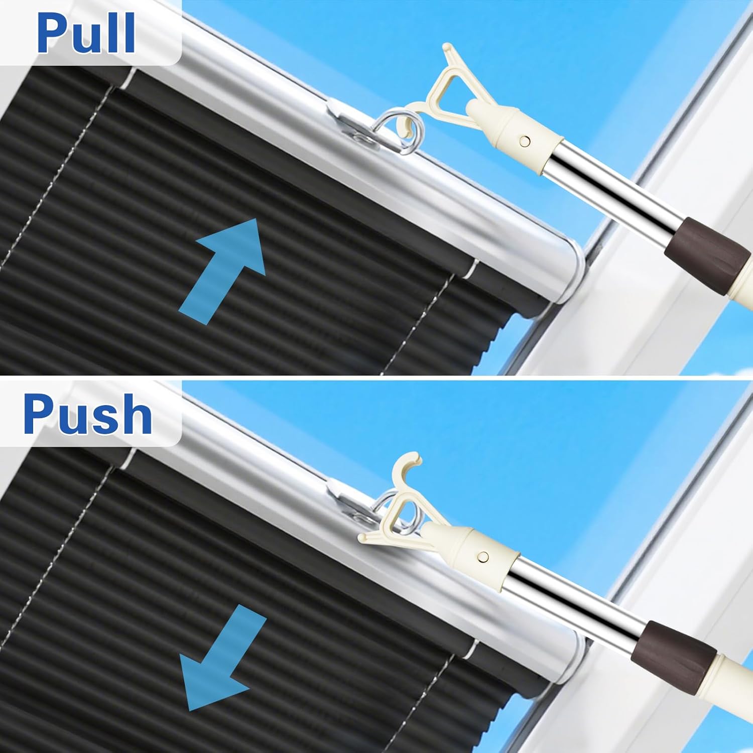 2Pcs Telescoping Skylight Rod Pole with Hook 41-63Inch Wand for Blinds Adjustable Tension Rod for Blind Shades Curtain Pull Wand for Skylight Cordless Window