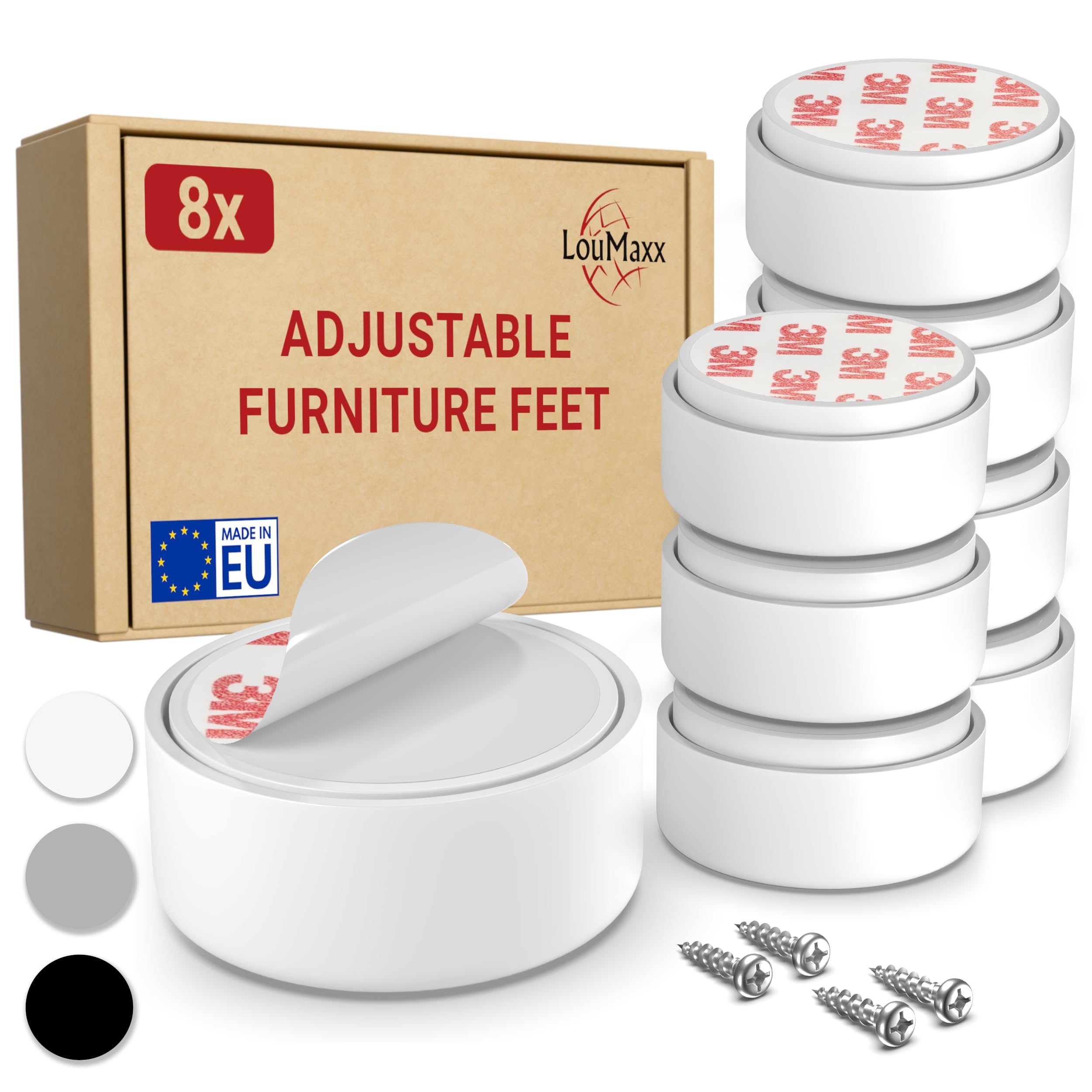 LouMaxx Furniture Feet Height Adjustable – Feet for Furniture Diameter 55.5 mm Made of White Plastic Furniture Raiser for Gluing or Screwing – Set of 8 Sliding Feet in Includes Mounting — image 1