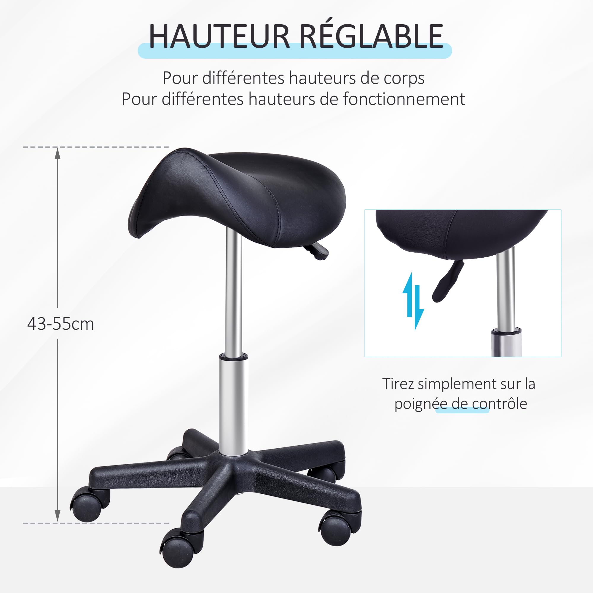 HOMCOM Tabouret à roulettes, Tabouret de Massage avec Hauteur réglable 43-55 cm et Selle Ergonomique, Chaise de Travail à roulettes pivotant 360°, pour Salon de Massage, Tatouage, Clinique, Spa, Noir