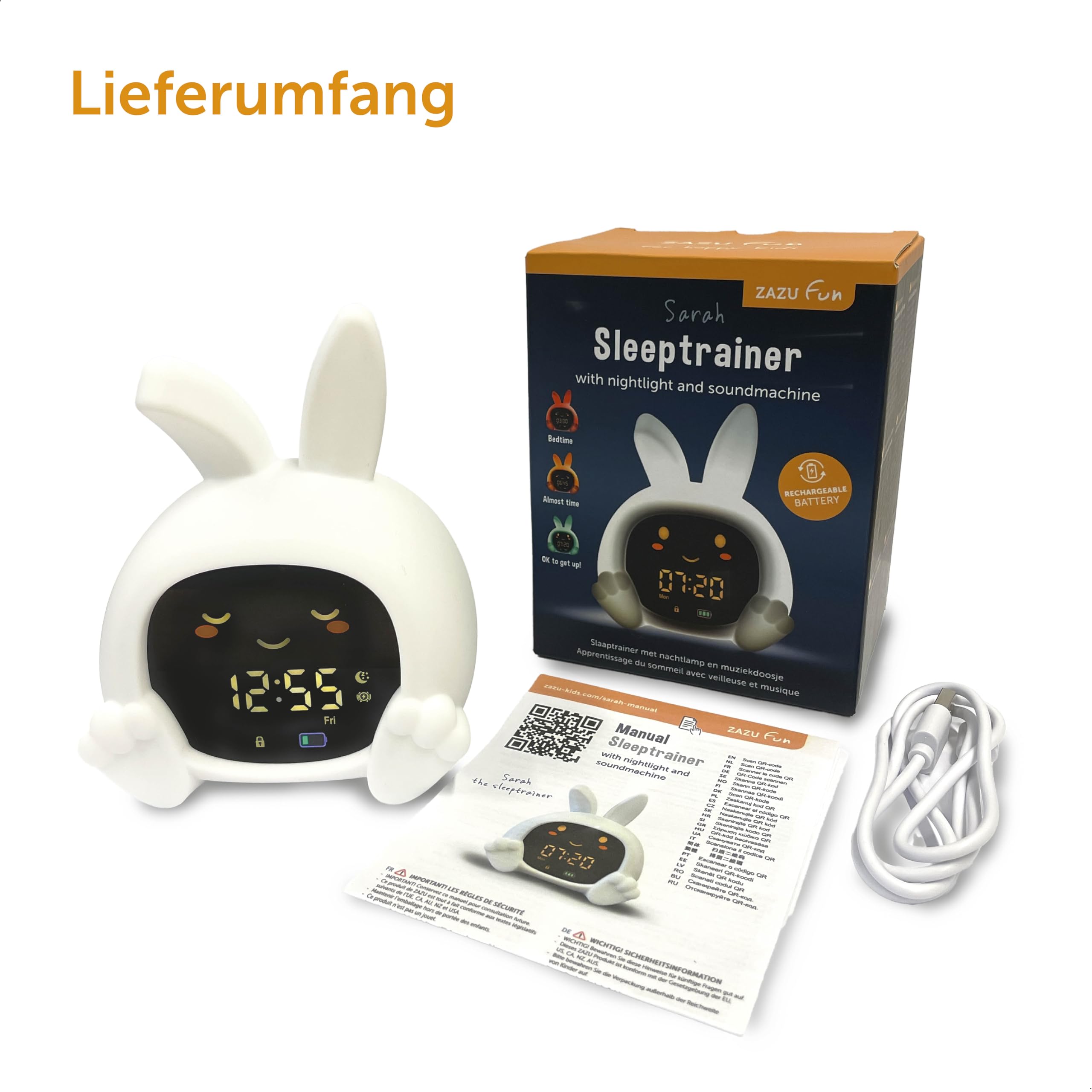 ZAZU Sarah Sleeptrainer für Kinder – Nachtlicht (5 Farben), Soundmaschine, Wecker mit 6 Sounds, Augen öffnen/schließen, wiederaufladbar inkl. USB