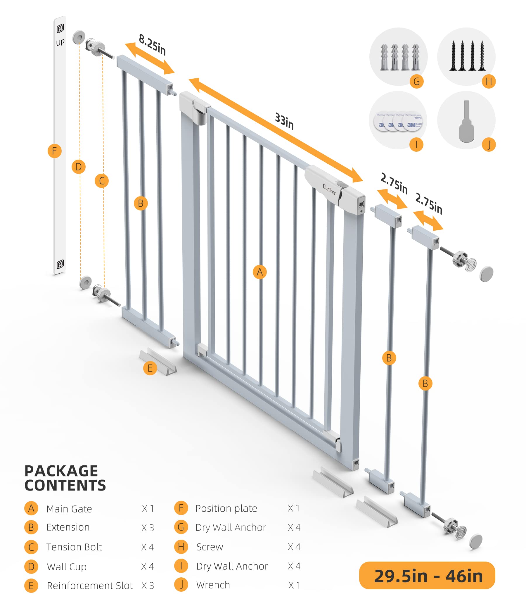 Mom's Choice Awards Winner-Cumbor 29.5-46" Auto Close Safety Baby Gate, Extra Tall and Wide Child Gate, Easy Walk Thru Durability Dog Gate for House, Stairs, Doorways, Gray