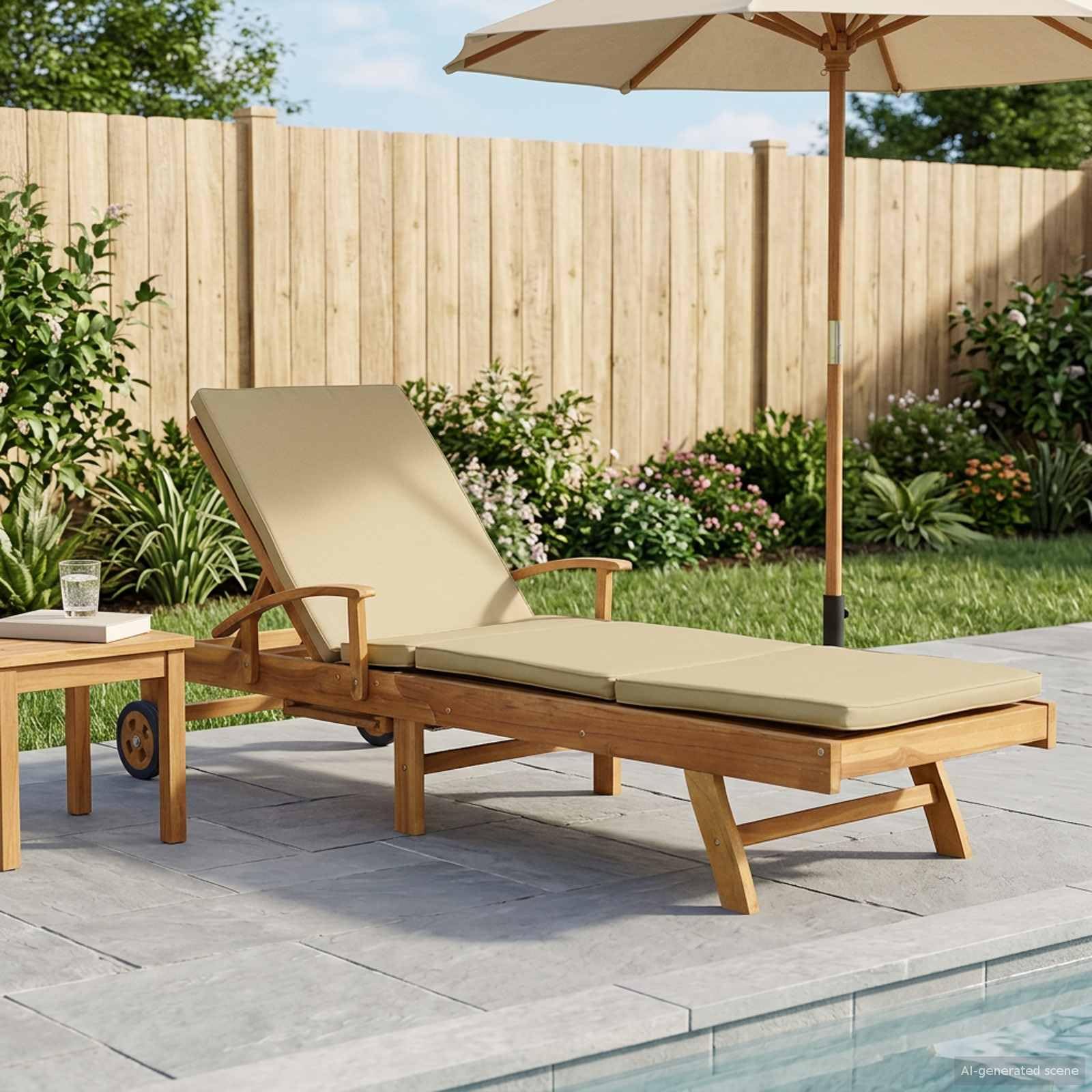 Lettino prendisole in teak massiccio con imbottitura 100% poliestere, regolabile e pieghevole, include tavolo laterale allungabile, ruote e braccioli per giardino, terrazza