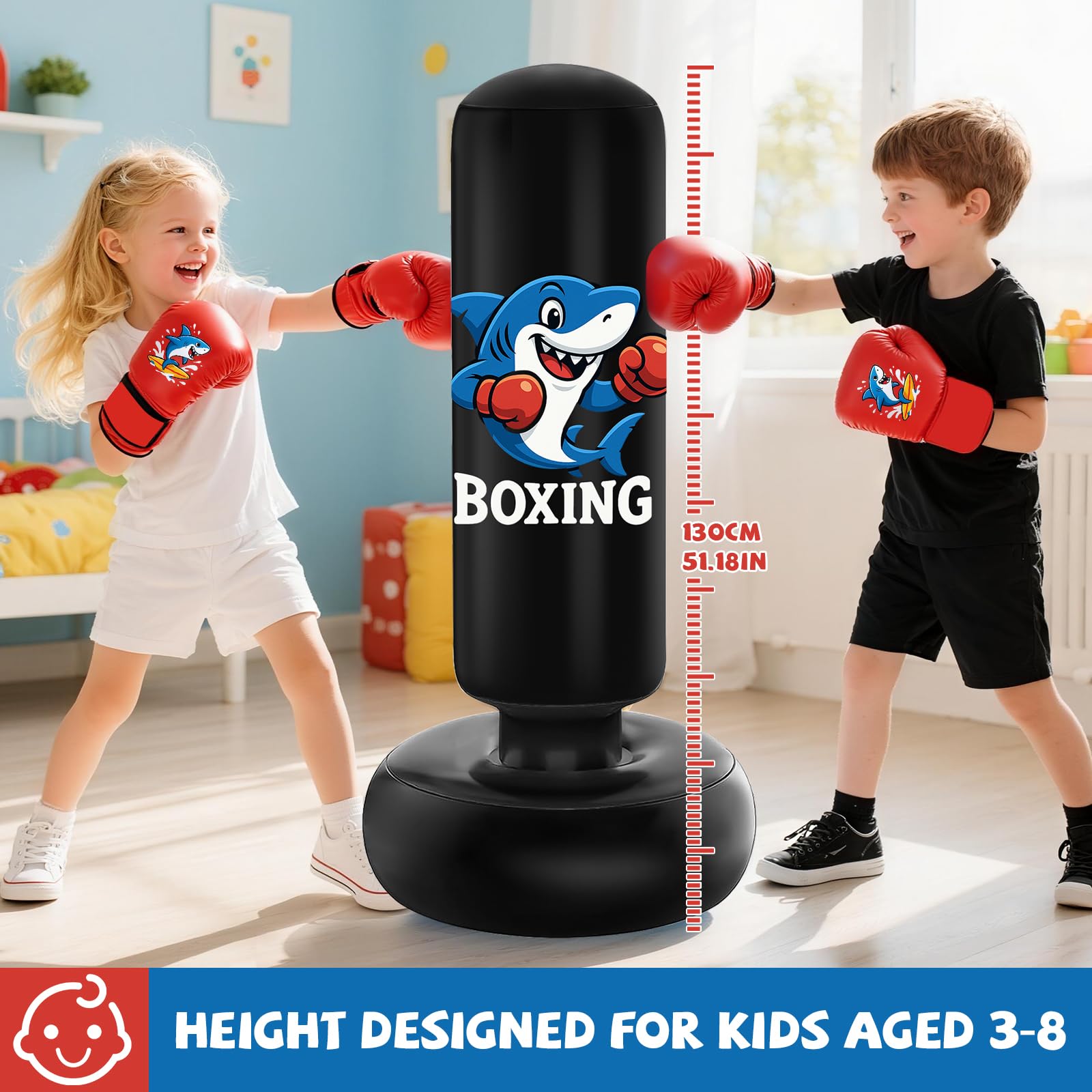 Qoosea Sacco da Boxe per Bambini 3-8 Anni, 130cm Stabile Sacco da Boxe Gonfiabile con Guanti da Boxe, Pratica di Taekwondo Karate Attrezzatura da Allenamento MMA, Regalo per Ragazzi Ragazze