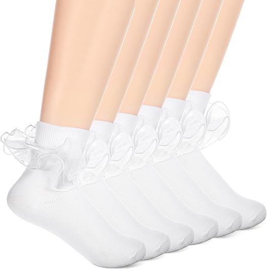 Yolev 3 Pairs Lace Socks for Girls White Ruffle Socks White Crew Cute Frilly Ankle Lettuce Dress Sock Lightweight Cotton Sock