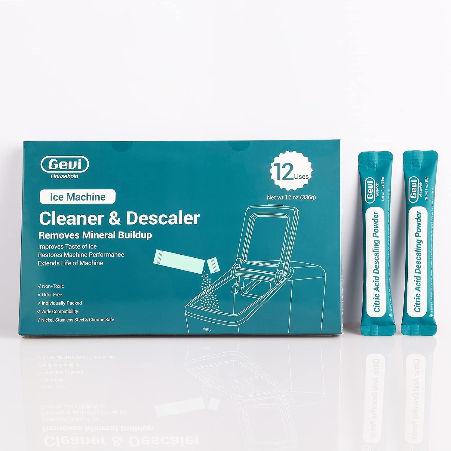 Gevi Household Ice Maker Descaling Powder | 12 Use & Individually Packed for Each Use | Organic ice maker clean Descaler Compatible with All Major Brands