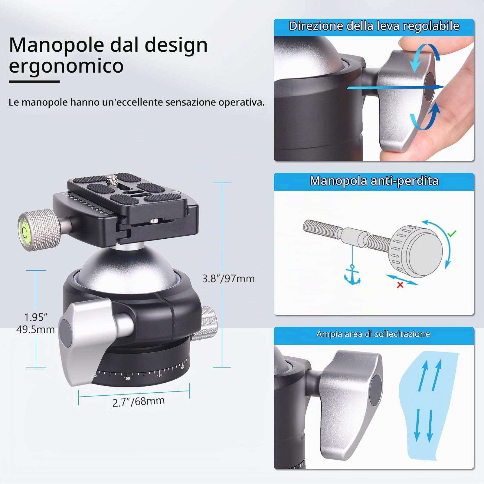 Testa a sfera a profilo basso ARTCISE, testa panoramica per treppiede in metallo da 56 mm compatibile con piastra a sgancio rapido Arca 1/4" per treppiede o monopiede, capacità di carico: 40 kg